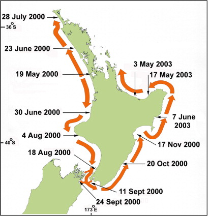 Figure 12 The progression of G. catenatum range expansion (dates of first sightings) around the New Zealand coast line, May 2000–June 2003.