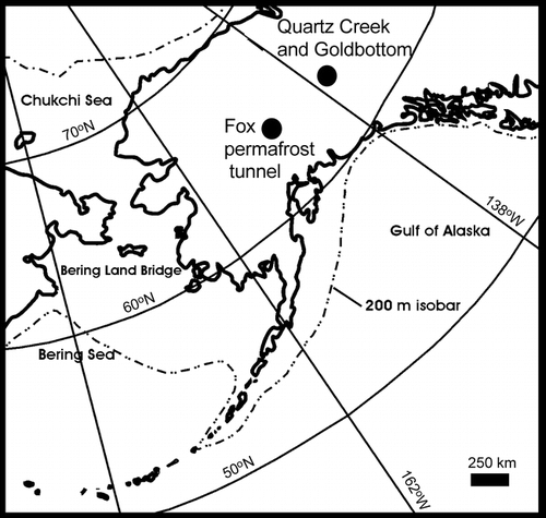 Figure 1 The location of study sites used in this investigation. Fox tunnel provided subfossil graminoid specimens from paleosols in permafrost/loess. Goldbottom Creek and Quartz Creek provided subfossil graminoid remains preserved in a paleoturf and paleoarctic ground squirrel nests, respectively.