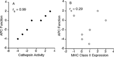 FIG. 7 Correlation between cathepsin activity and antigen-presenting cell (APC) function of GaAs-exposed macrophages. Data in Figures 2 to 6, Tables 1 and 2, and text for GaAs-exposed cells were ranked relative to vehicle controls and analyzed by Spearman rank correlation. (A) Thiol cathepsin activity vs. efficiency of antigen presentation. rs = 0.99 and 2-tailed p = 0.0004. (B) MHC Class II expression vs. efficiency of antigen presentation. rs = 0.29.