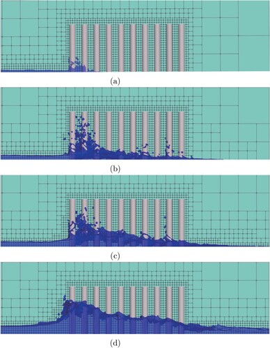 Figure 12. Simulation results of tsunami against tide protection forest. The mesh indicates blocks of a uniform grid of 8×8×8 points. (a) t=2.40 s, (b) t=2.88 s, (c) t=3.36 s and (d) t=4.80 s.