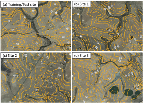 Figure 3. View of agricultural lands selected for assessment – (a) training/test site (b) 1st model implementation site (c) 2nd model implementation site (d) 3rd model implementation site (aerial imagery, January 2023; source: city of Cape Town). Contour interval: 10 m.