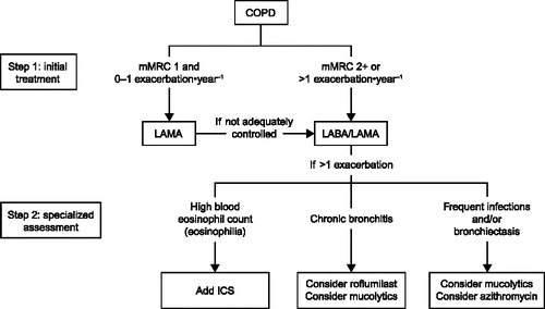 Figure 2. A two-step treatment algorithm for the treatment of COPD from Miravitlles and Anzueto. Eur Respir J 2017 (14). Reproduced with permission from the ©ERS 2017. European Respiratory Journal Feb, 2017, 49 (2) 1602200; DOI: 10.1183/13993003.02200–2016, At the Step 2: in patients with >1 exacerbation on LABA/LAMA, comorbidities and compliance to treatment should be assessed in order to determine additional treatment according to individual patient phenotype. COPD, chronic obstructive pulmonary disease; ICS, inhaled corticosteroids; LABA, long-acting β2-agonist; LAMA, long-acting muscarinic antagonist; mMRC, modified Medical Research Council dyspnea scale.