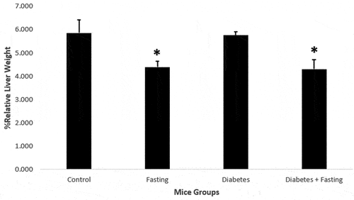 Figure 3. The relative liver weight of mice. Values are represented as mean ± SD. ‘*’ indicates statistical significance with P value < 0.05.