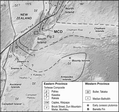 Figure 1. Basement terranes within the Eastern Province of southern Zealandia, showing principally the Permian to Early Cretaceous accretionary wedge in Canterbury and Marlborough, South Island, New Zealand. B, Barretts Formation; MCD, MacDonald Downs locality, sample MCD1.