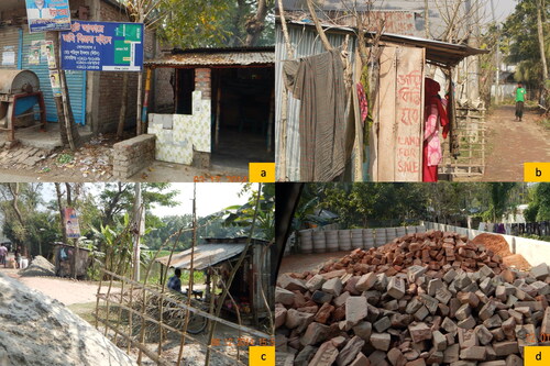 Figure 5. (a) The shop with land sale signage; (b) the shop with land sale advertisement; (c) selling construction Material alongside shopkeeping; (d) construction material sales on vacant lots. Source: Author.