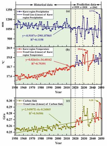 Figure 5. Variation trend of global karst region temperature, precipitation, and karst carbon sink from 1951 to 2050.
