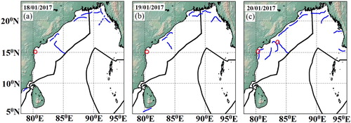 Figure 7. The 3-consecutive dates of PFZ images are overlaid with the in situ fish catch data locations as circles. The thick black line shows EEZ boundary. PFZ locations with high probability with high persistence are marked by continuous lines and high probability with low persistence of PFZ location is marked by dashed lines. PFZ locations with very high probability were not available on these dates.