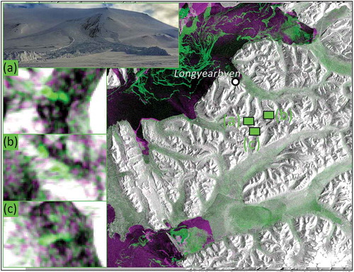Figure 3. Map with manually identified avalanche debris using a descending path S1A EW mode image with HV polarization. The activity image is from 18 March 2015, and the reference image from 6 March 2015. We present examples of manually detected avalanche debris in the green boxes (a–c). The avalanche debris in (a) was verified in the field by a photograph uploaded to www.regObs.no.