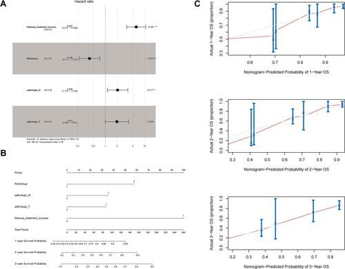 Figure 8 Evaluation of the prognostic risk model. (A) Forest plot showing the results of multivariate Cox regression analysis for clinical factors and risk groups; (B) nomogram; and (C) calibration curves for the prediction of 1-, 2-, and 3-year overall survival of LUAD patients. *Indicates statistical significance P<0.05; **Indicates statistical significance P<0.01.