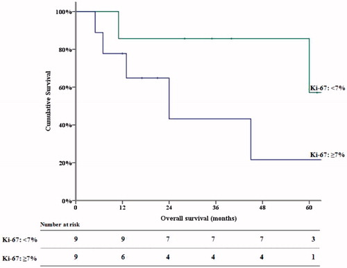 Figure 3. Kaplan–Meier curve showing significant difference in overall survival after complete cytoreduction between DMPM patients with high or low Ki-67 proliferation index.