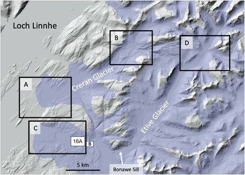 Figure 14. Limits of the Creran and Etive Glaciers, modified from Thorp (Citation1986), showing the location of the detailed views in Figures 15 and 16. Base maps: © Crown copyright and database rights 2021 Ordnance Survey (100025252).