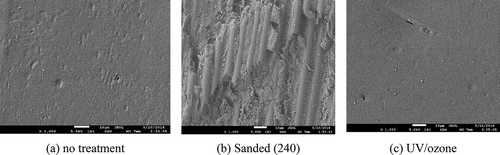 Figure 10. SEM pictures of the CFRP surface after treatment (scale 1000x).