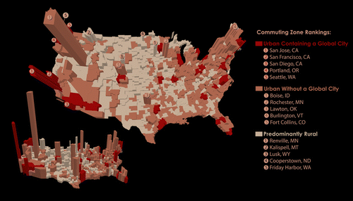 Figure 3. Patents per inventive class member by commuting zone, 2000–05.