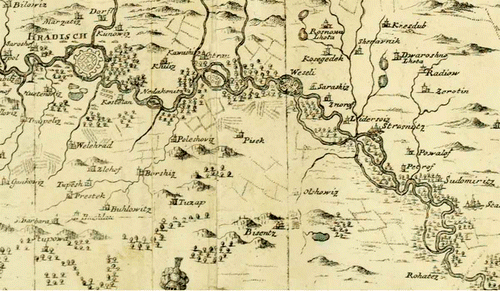 Fig. 3 The section of the River Morava between Uherské Hradiště (Hradisch) and Rohatec (Rohatez) on the Norbert von Linck map, 1719 (Source: MZA – D22). The river was of anabranching character with several meandering channels in many places.