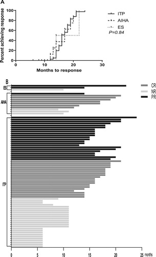 Figure 2. Times to response on tacrolimus in patients with ITP, AIHA and ES. (A) Times to achieve OR on tacrolimus in patients with ITP, AIHA and ES. No significant difference was found among different diseases (P = 0.84). (B) Histogram demonstrating the total times on tacrolimus with different diseases. The different colors reflect whether the patients achieved a PR (black), CR (gray), or NR (white).
