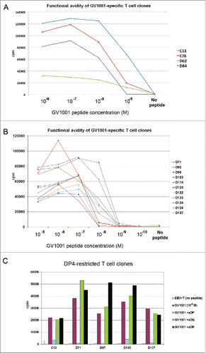 Figure 1. Functional avidity and HLA restriction of GV1001-specific T-cell clones. T-cell clones from NSCLC patients C and D, both long-term survivors after GV1001 vaccination, were tested for proliferation after stimulation with irradiated EBV-transformed cells +/− GV1001 peptide. Panels (A)–(C) show mean cpm of triplicate wells. (A, B) Functional avidity of T-cell clones determined by titration of GV1001. (C) HLA restriction determined by blockage with mAbs against DP, DQ, or DP-molecules.