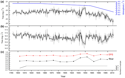 Fig. 3. (a) Average δ13C (black) values from 4 trees (grey) and δ13C values in the atmosphere (blue); (b) ∆13C series after removing the long-term decreasing trend of δ13C in the atmosphere; (c) the EPS and Rbar statistics of ∆13C.