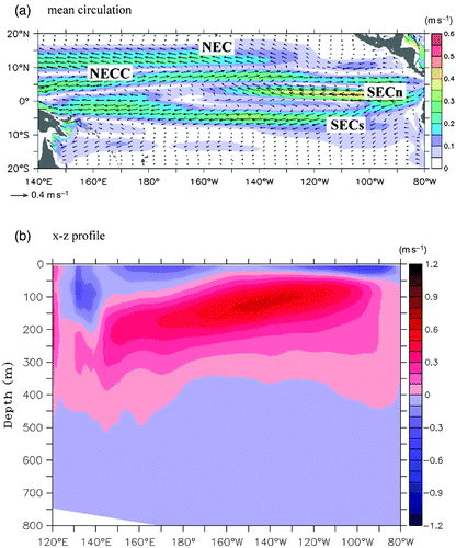 Fig. 1 (a) Mean surface circulation (averaged from 0 to 50 m) in the equatorial Pacific Ocean based on GODAS model assimilation (units are m s−1). The shading indicates the current intensity. The contour interval is 0.05 m s−1. (b) Vertical velocity profile along the equator averaged from approximately 2°N to 2°S from the assimilated annual mean (units are m s−1). The contour interval is 0.1 m s−1. Red and blue shading indicate the eastward and westward current, respectively.