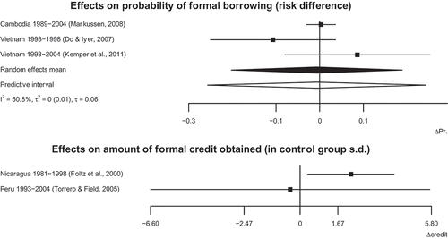Figure 7. The two forest plots show estimates of the effect of de jure recognition of tenure on the probability of formal borrowing (top, risk difference scale) and the amount of credit received (bottom, measured in terms of control group standard deviations). Moves to the right on the x-axis indicate beneficial effects