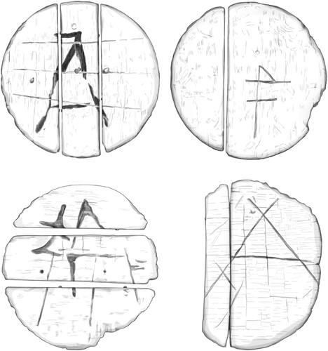Figure 7. Cask heads with markings imprinted from Gribshunden (drawing by Frida Nilsson, Mediatryck).