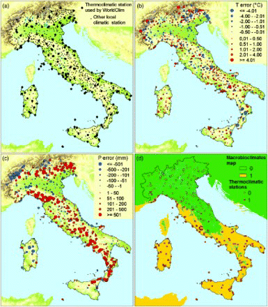 Figure 2. (a) Map of the all of the observed meteorological data, (b) Map of the error of mean annual temperature, (c) Map of the error of mean annual precipitation, and (d) Macrobioclimates of the thermoclimatic stations overlaid on the macrobioclimate map (Macrobioclimates: 0, temperate; 1, mediterranean).