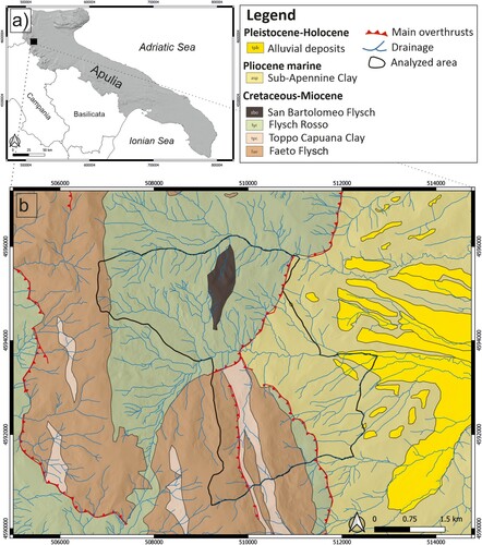 Figure 2. (a) Location of the study area; (b) a simplified geological sketch (after CitationPieri et al., 2010).