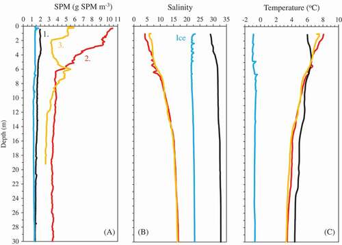 Figure 2. (A) Suspended particulate matter (SPM; g m−3); (B) salinity; and (C) temperature (°C) versus depth at the ice station (blue line) and at summer stations 1 (black), 2 (red), and 3 (orange)