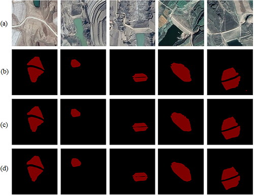 Figure 5. Visualized silt storage dams of original images (a) and segmented by U-Net with batch sizes of 2 (b), 3 (c), and 4 (d).