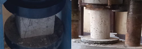 Figure 5. Zeolite aggregate concrete cube and cylinder after compression testing.