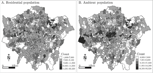 Figure 1. (A) The residential population and (B) ambient population of Greater London. Maps employ equal thresholds for classification to ease comparison.