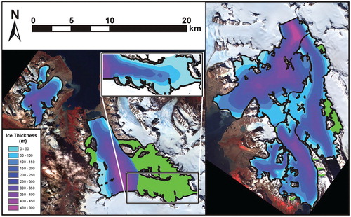 FIGURE 4. Ice-thickness map of the studied glaciers. The location of the two main panels shown is indicated in Figure 1. The green areas represent unsurveyed tributary glaciers whose volumes were estimated using the procedure described in the section Unsurveyed Tributary Glaciers. The inset illustrates, as an example, the ice-thickness distribution for a tributary glacier of Recherchebreen calculated using the mentioned procedure.