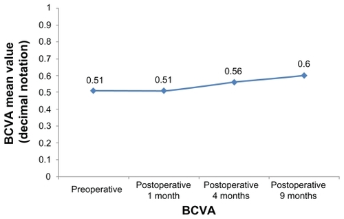 Figure 3 Preoperative and postoperative best corrected visual acuity (BCVA) values in the study group.