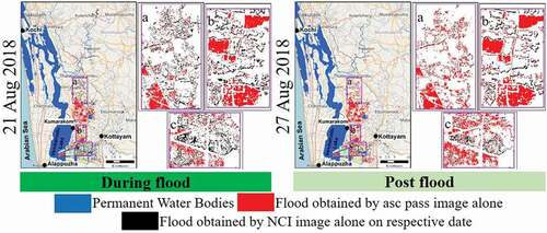 Figure 11. Flood area (excluding common area) extracted from both ascending and NCI images. The figures (a), (b), (c) are the enlarged part of the rectangles shown in the left figures. The rectangles are overlaid on Open Street MAP (OSM) layer