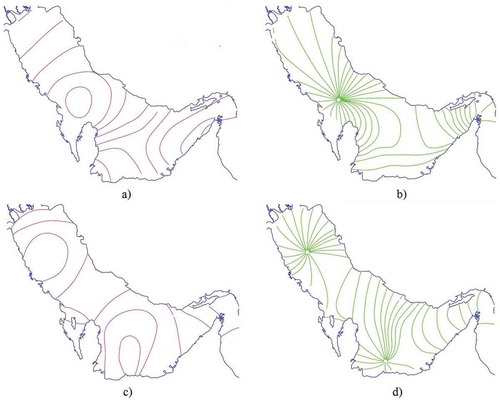 Figure 4. Digitized co-tidal charts corresponding to K1 and S2 in Persian Gulf. (a) K1 amplitude charts; (b) K1 phase charts; (c) S2 amplitude charts; (d) S2 phase charts.