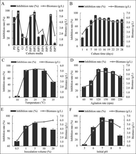 Figure 3. Antifungal activities of cell-free filtrates of HU2014 culture broth against R. solani YL-3 and biomass growth of HU2014 in different conditions: Different basal media (A) and different culture conditions (B-F). Each treatment was repeated three times with three biological replicates, and the data show Means ± SD. G1 represents Gause’s No.1 medium. Cza represents Czapek’s medium.