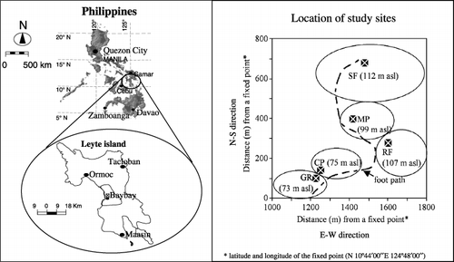 Figure 1  Map of Leyte, Philippines, and the location of the study sites. CP, coffee plantation; GR, grassland; MP, mahogany plantation; RF, rainforestation farming; SF, secondary forest.