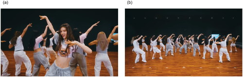 Figure 1. Characteristics of commonly used dance practice videos (2D) (a) example scene in a video (https://www.youtube.com/watch?v=wU2siJ2c5TA&ab_channel=NewJeans) where the view shifts to highlight a specific body part of a dancer; (b) Another example scene in a video (https://www.youtube.com/watch?v=qsHvdRA0a6o&ab_channel=NewJeans) where the view is fixed to show the entire body of the dancer (Note that the two videos are different videos of the same dance).