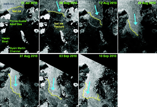 Fig. 4 Time series of RADARSAT-2 images for the period 31 July to 10 September 2010, showing the influx of sea ice from the Arctic Ocean into the Prince Gustaf Adolf Sea in the QEI. The yellow dashed line denotes the leading edge of the intruding Arctic pack ice, which is lighter in tone than the ice in the QEI partly because of a greater concentration of multi-year ice but mainly because of greater ridging and crushing of the Arctic pack ice as a result of its constant mobility throughout the winter months. The large blue arrow shows the direction and extent of the intrusion. RADARSAT-2 Data and Products © MacDONALD, DETTWILER AND ASSOCIATES LTD. (2010) – All Rights Reserved. RADARSAT is an official mark of the Canadian Space Agency.