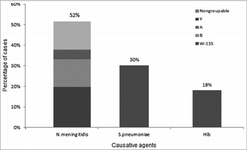 Figure 1. Distribution of causative agents of bacterial meningitis and meningococcal serogroups in Turkey, 2005–2012. Of 645 PCR-confirmed cases, 333 (51.6%) were attributable to Neisseria meningitidis, 195 (30.2%) to Streptococcus pneumoniae, and 117 (18.1%) to Hemophilus influenzae type b (Hib). Among meningococcal meningitis, serogroup A, B and W-135 were 8.4%, 26.1%, and 38.1%, respectively. Serogroup Y was only detected 2.2%. Non-groupable cases were 26.4%.