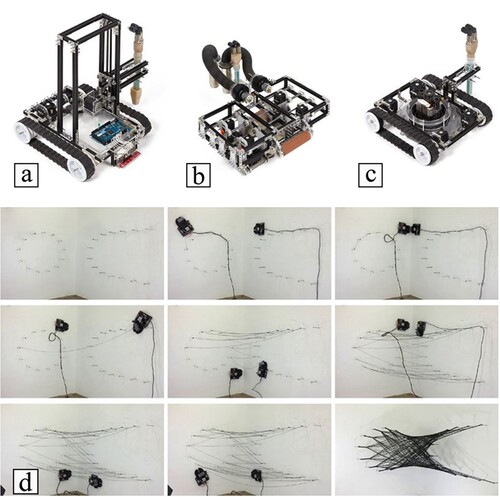 Figure 8. The Minibuilders used for construction applications. (a) Foundation robot, (b) grip robot, (c) vacuum robot (Jin et al. Citation2013), and (d) multiple cooperative mobile robots fabricating a woven-like structure (Yablonina et al. Citation2017).