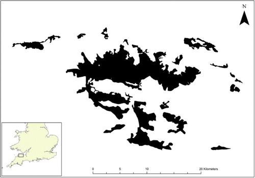 Figure 1. Location of study area (unenclosed heathland and moorland; shaded areas) within Exmoor National Park in southwest England.