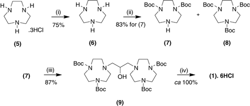 Scheme 2.  Route to (1) using Boc-protecting groups. Note: Reagents and conditions: (1) H2O,NaOH; toluene; (2) Boc-ON, Et3N, CH2Cl2, overnight, room temperature; (3) BrCH2CH(OH)CH2Br, Et3N, CH3CN, 72 hours, reflux; and (4) EtOH/concentrated HCl, overnight, room temperature.