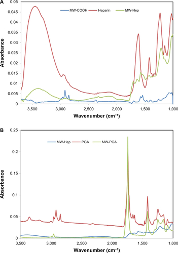 Figure S1 FTIR analysis of (A) multiwalled (MW) oxidized (COOH), heparin (Hep), MW Hep and (B) MW Hep, polyglycolic acid (PGA), and MW PGA carbon nanotubes.Abbreviations: FTIR, Fourier-transform infrared.
