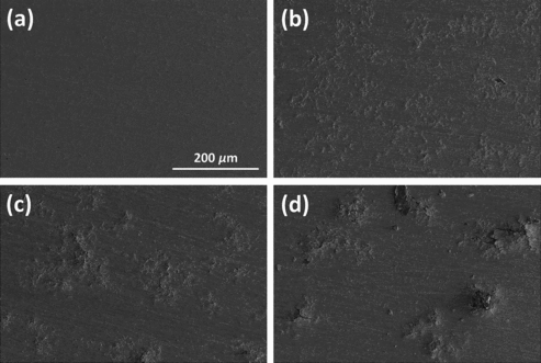 Figure 5. Surface image of test specimens (magnification: ×200): (a) NS, (b) OS-300, (c) OS-450, and (d) OS-600.