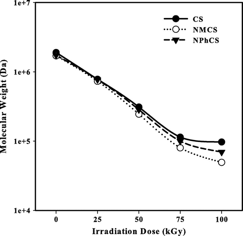 Fig. 2. The changes in the number average molecular weight measured by GPC of (●) Cs, (○) NMCS, (▼) and NPhCS treated by 10% H2O2 (v/w) and exposed to gamma irradiation.