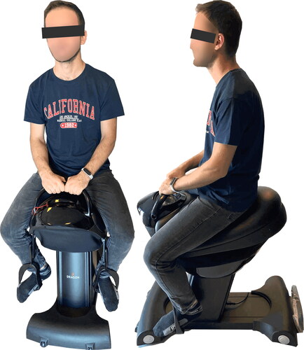 Figure 2. (a and b) A Patient’s position for the horse stimulation exercise using the Dragon® hippotherapy simulator.