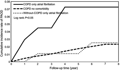 Figure 4 Cumulative incidence of peripheral arterial occlusion disease in patients with atrial fibrillation.Abbreviations: COPD, chronic obstructive pulmonary disease; PAOD, peripheral arterial occlusive disease.