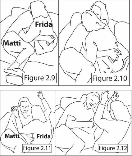 Figures 2.9–2.12 Frida and Matti hug and pull apart again.