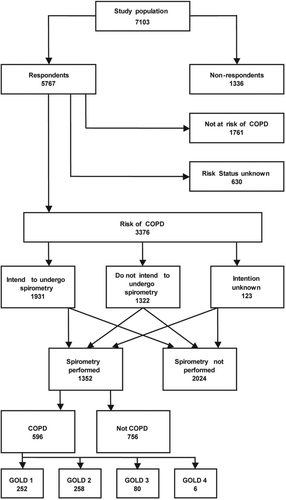 Figure 1.  Flowchart of the screening model. Number of the study population, respondents, non-respondents, study participants at risk of COPD, individuals intending/ not intending/ intention unknown, number of individuals undergoing/ not undergoing spirometry and number with and without COPD.