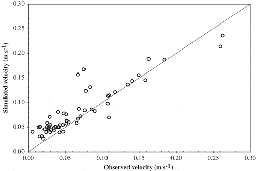 Fig. 5 Observed and simulated velocities for a plot of sandy soil surface, 10 m long and 4 m wide, with a slope of 1.0% and constant average rainfall intensity of 70 mm h-1. Observed data are from Mügler et al. (Citation2011).
